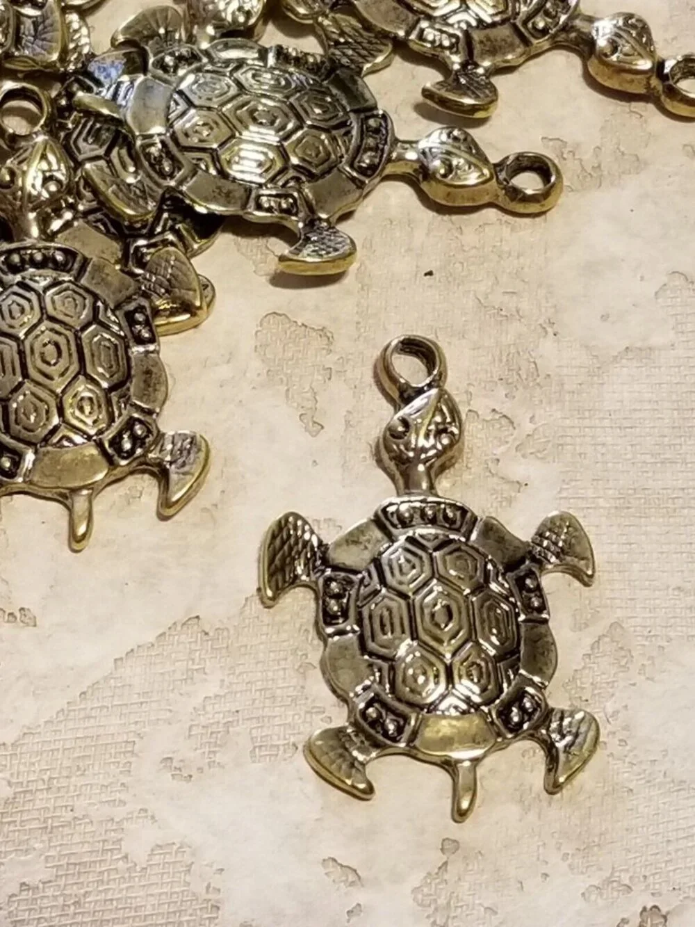 Carved Turtle Tortoise Pendant Antiqued Gold Plated Pewter 39x28mm